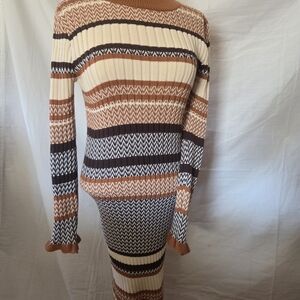 Striped Knit Midi Dress - Brown and Cream